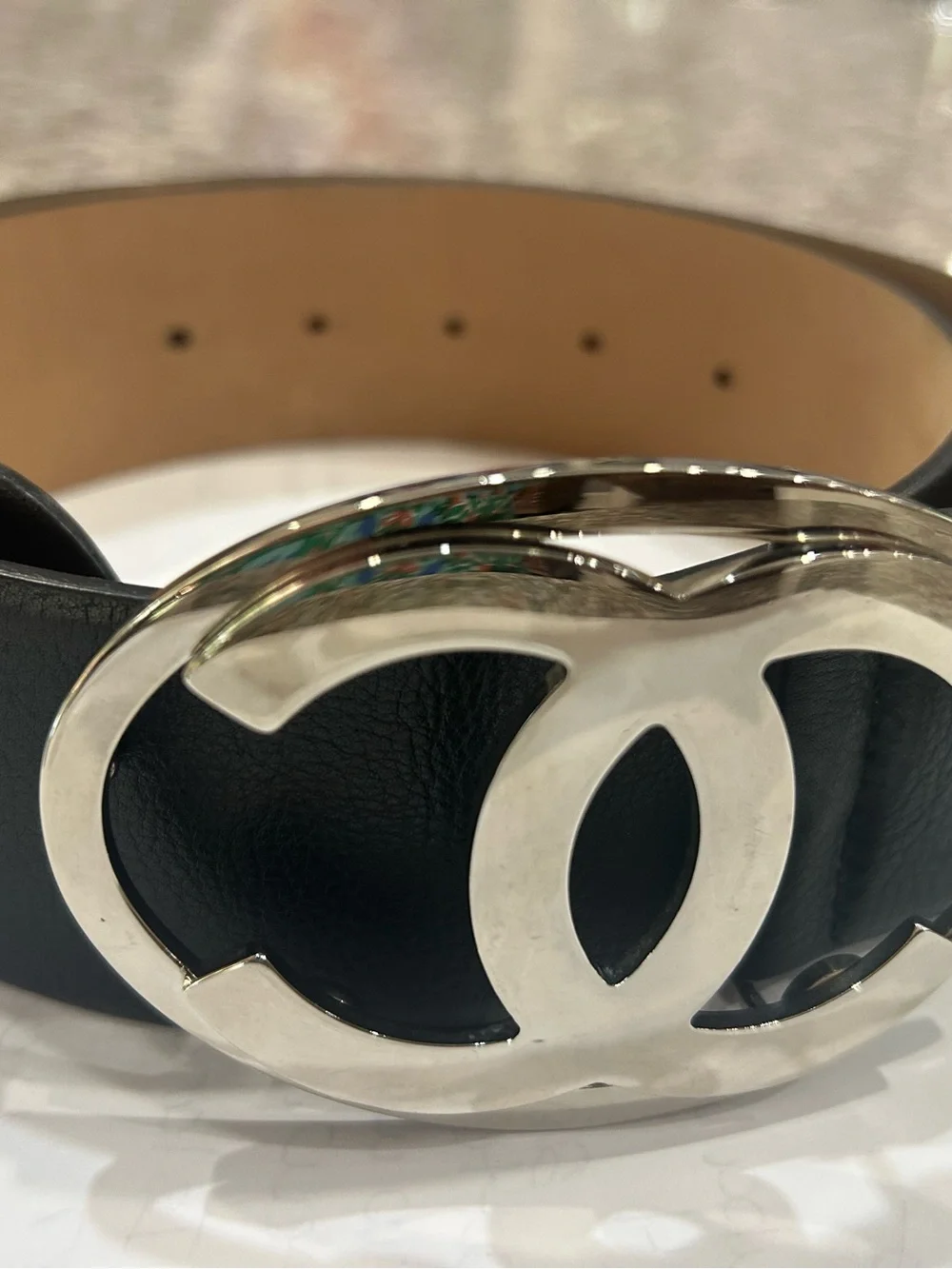CHANEL Black Leather Belt with Silver CC Oval Buckle